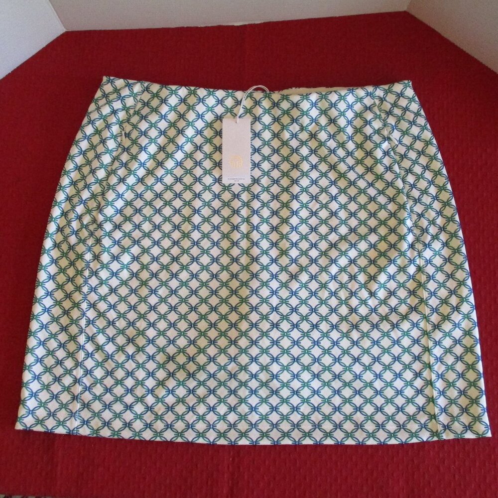Tory Burch White Mini Skirt with Teal Pattern